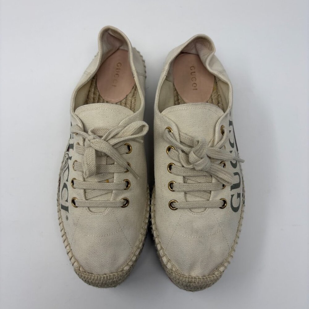 GUCCI Espadrille Sneaker Womens 38.5 / 8.5 US GUCCI Logo Prints Platform Wedge - Picture 2 of 15
